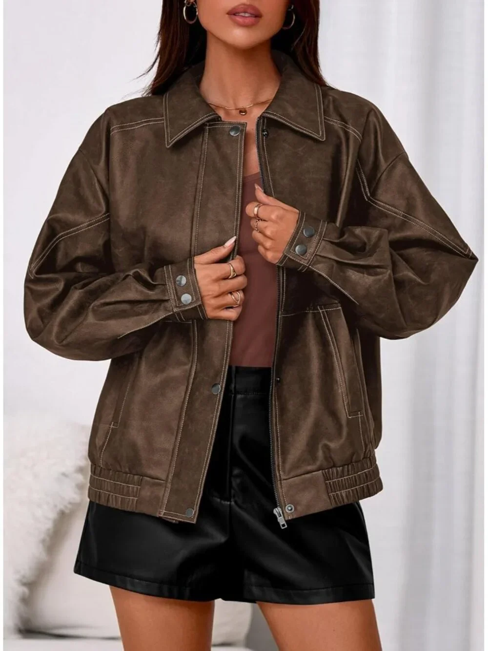 Women's Bomber Motorcycle Zip Up Jackets Oversized Faux Leather Jacket Brown
